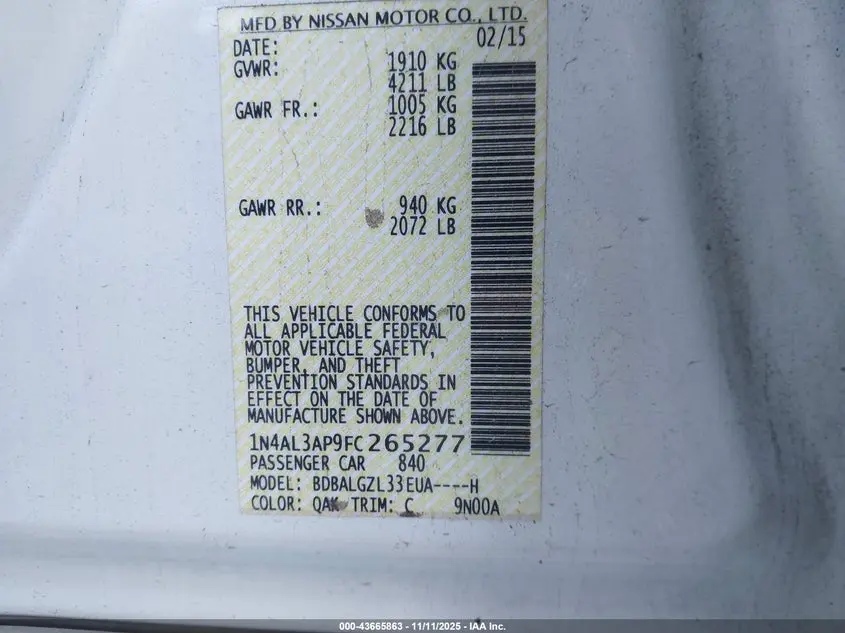 2015 NISSAN ALTIMA 2.5 S