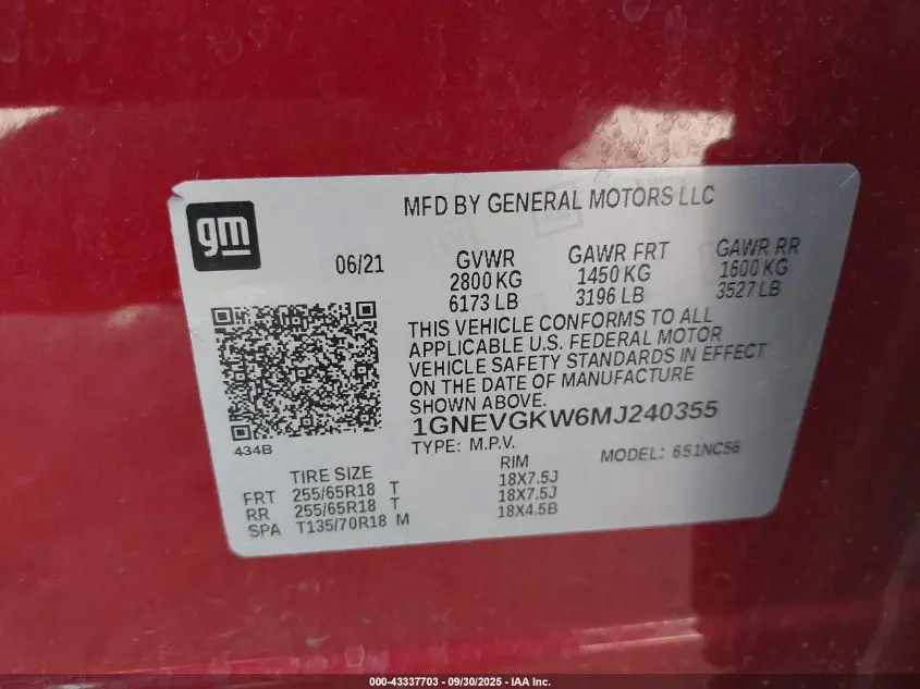 2021 CHEVROLET TRAVERSE AWD LT CLOTH