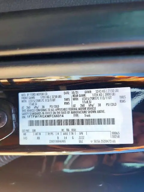 2021 FORD F150 RAPTOR  