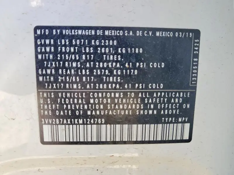 2019 VOLKSWAGEN TIGUAN   