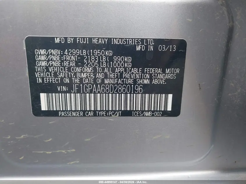 2013 SUBARU IMPREZA WAGON 2.0I
