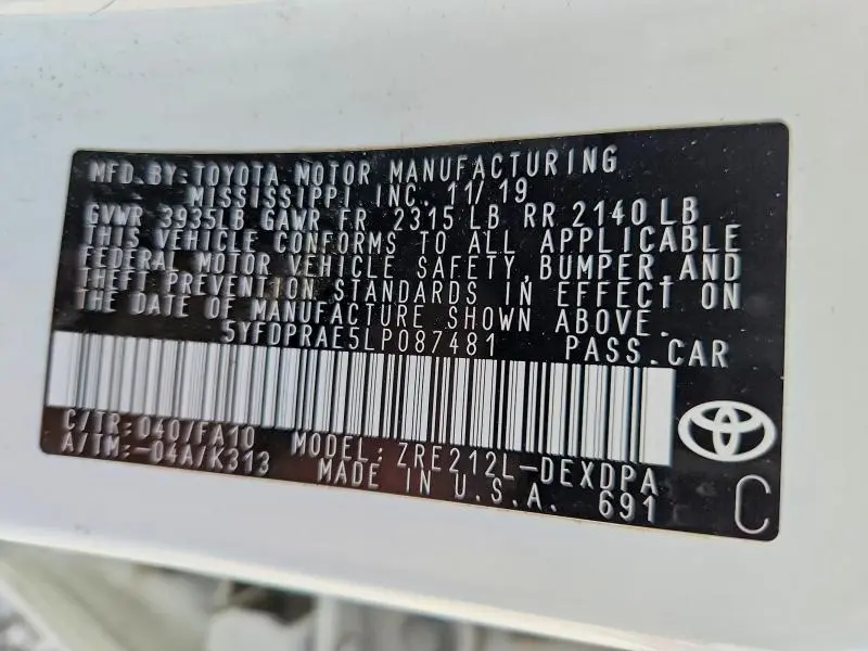 2020 TOYOTA COROLLA L  