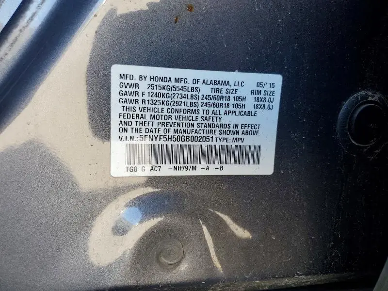 2016 HONDA PILOT EXL  