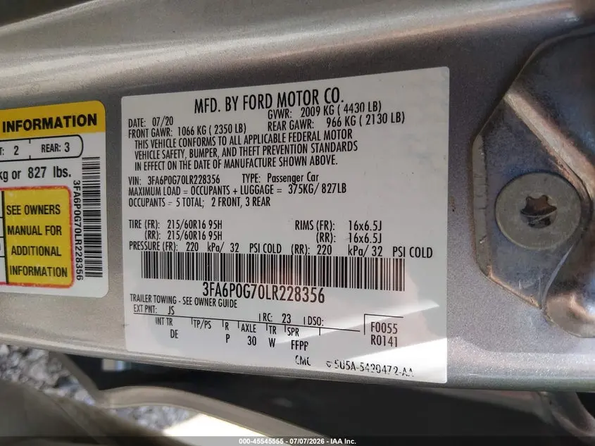 2020 FORD FUSION S