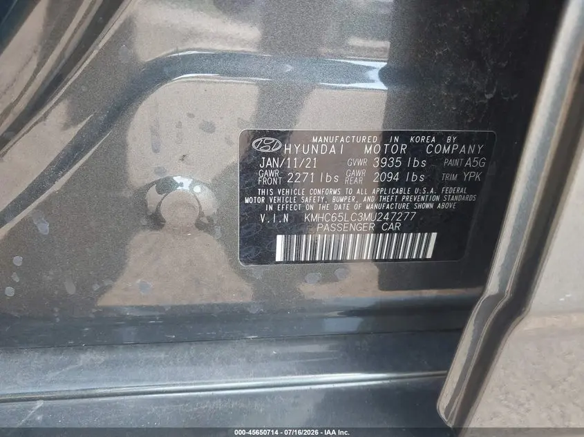 2021 HYUNDAI IONIQ HYBRID BLUE