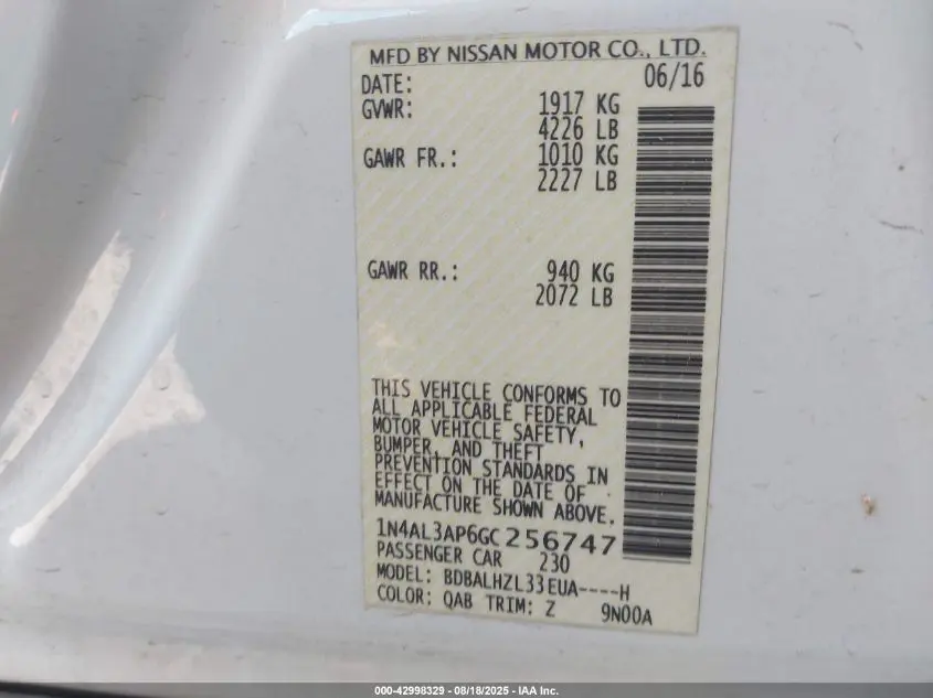 2016 NISSAN ALTIMA 2.5 SR