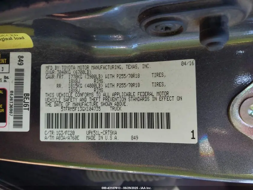 2016 TOYOTA TUNDRA SR5 4.6L V8