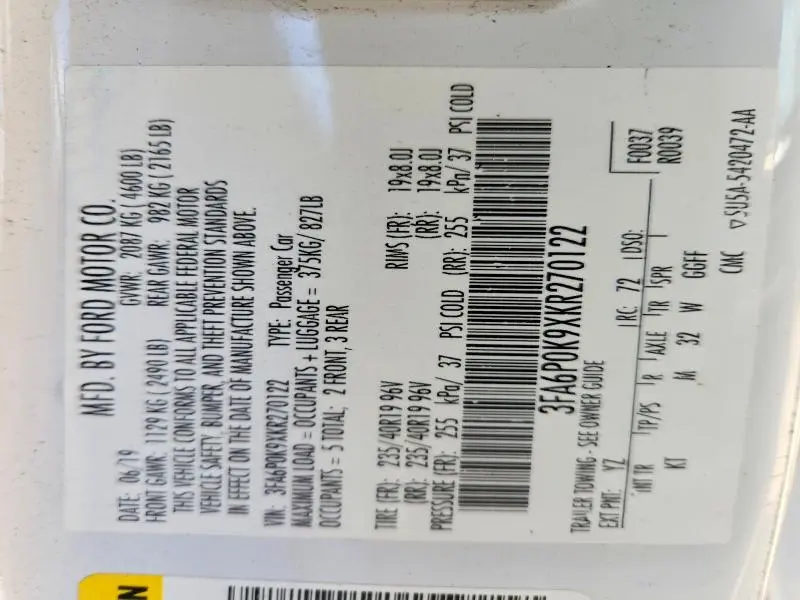 2019 FORD FUSION TITANIUM  
