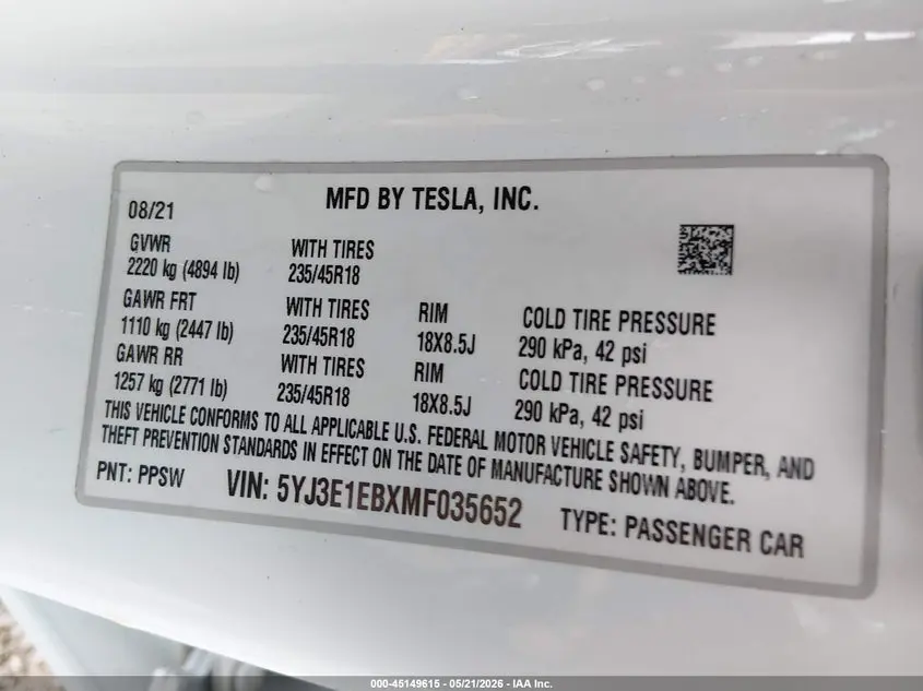2021 TESLA MODEL 3 LONG RANGE