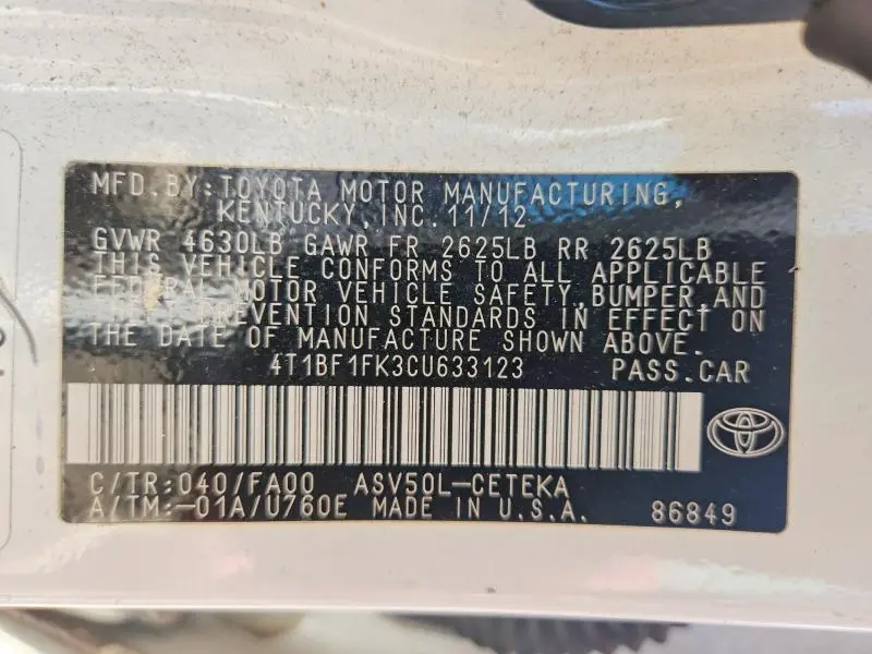 2012 TOYOTA CAMRY L  