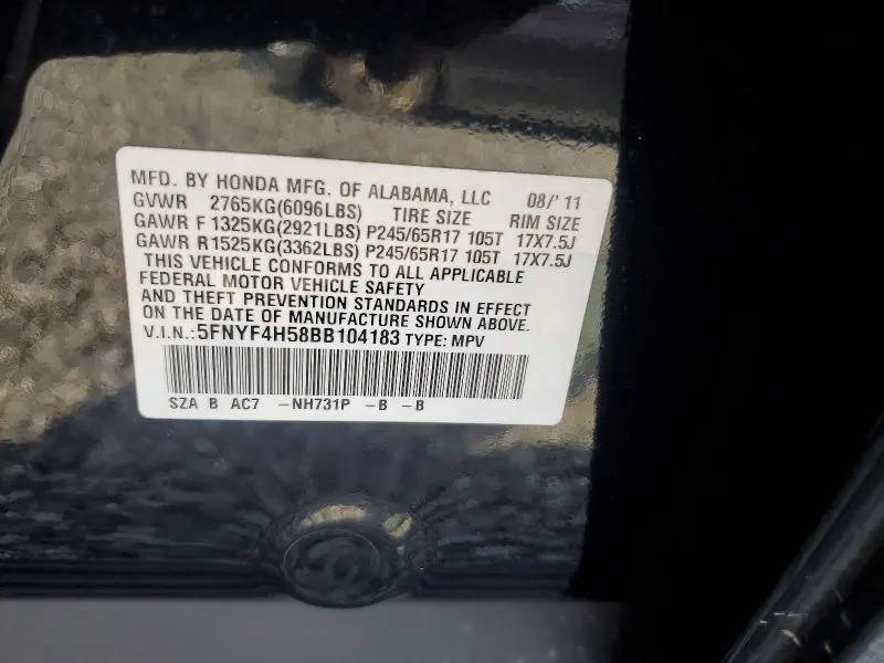 2011 HONDA PILOT EXL  