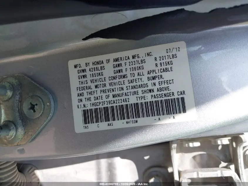 2012 HONDA ACCORD 2.4 LX