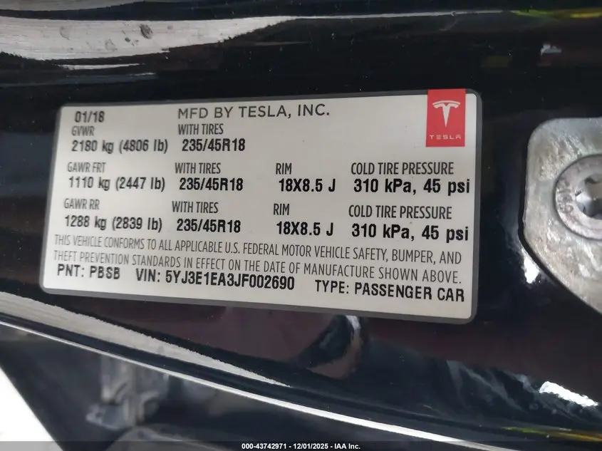 2018 TESLA MODEL 3 LONG RANGE/MID RANGE