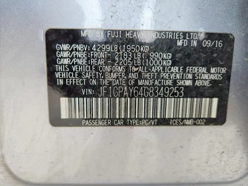 2016 SUBARU IMPREZA SPORT LIMITED  