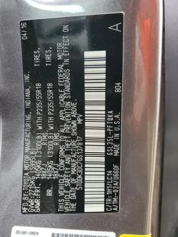 2016 TOYOTA SIENNA XLE  