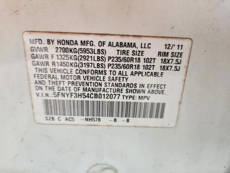 2012 HONDA PILOT EXL  