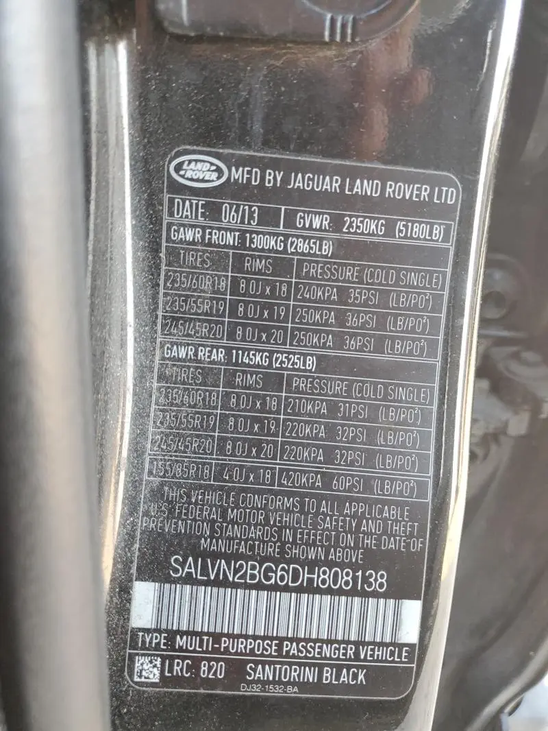 2013 LAND ROVER RANGE ROVER EVOQUE PURE  