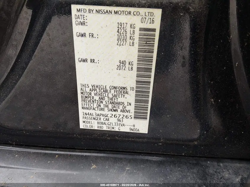 2016 NISSAN ALTIMA 2.5 S