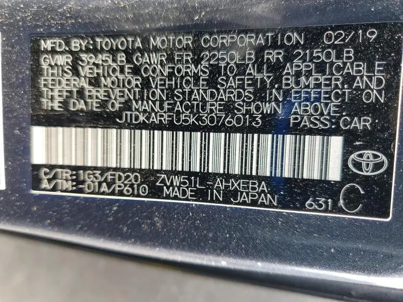 2019 TOYOTA PRIUS LE  