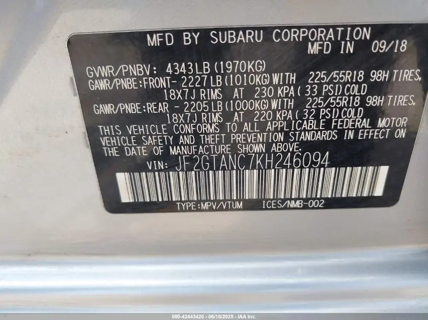 2019 SUBARU CROSSTREK 2.0I LIMITED
