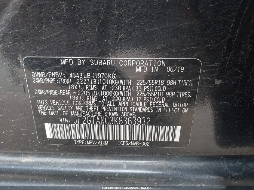 2019 SUBARU CROSSTREK 2.0I LIMITED