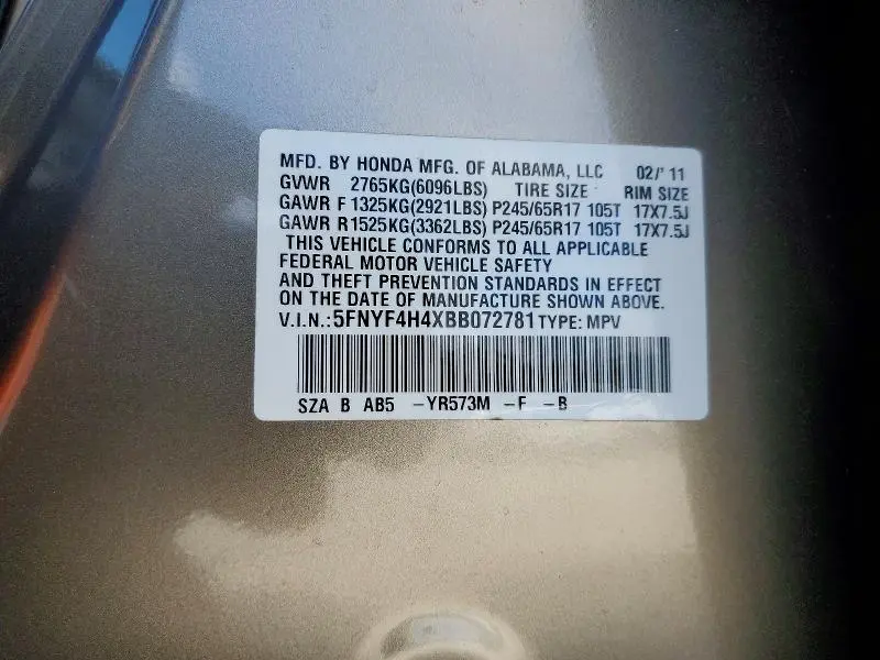 2011 HONDA PILOT EX  