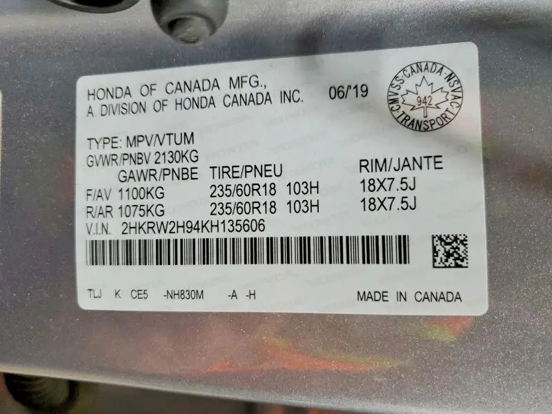 2019 HONDA CR-V TOURING  
