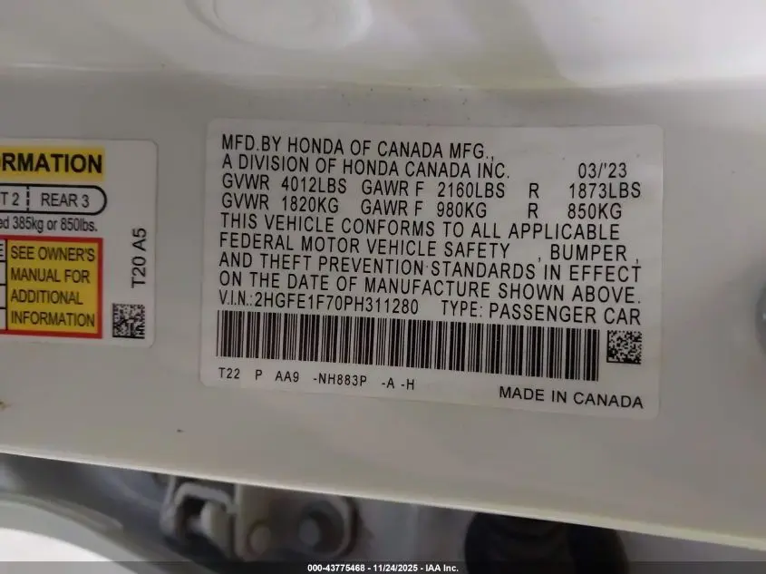 2023 HONDA CIVIC EX/EX W/O BSI