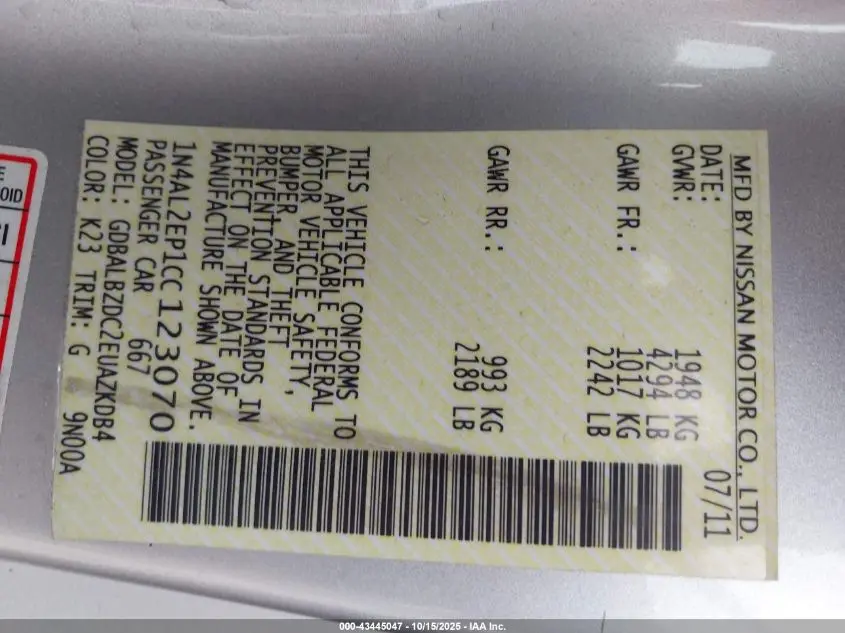 2012 NISSAN ALTIMA 2.5 S