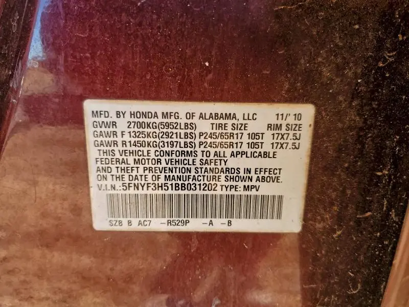 2011 HONDA PILOT EXL  