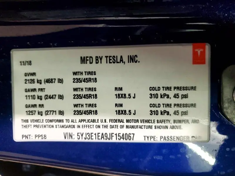 2018 TESLA MODEL 3   