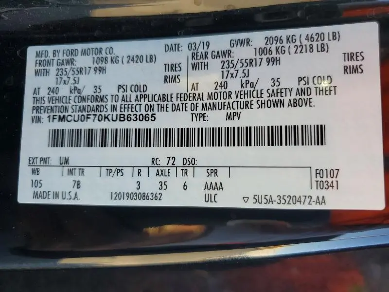 2019 FORD ESCAPE S  