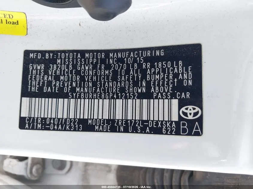 2016 TOYOTA COROLLA S PLUS
