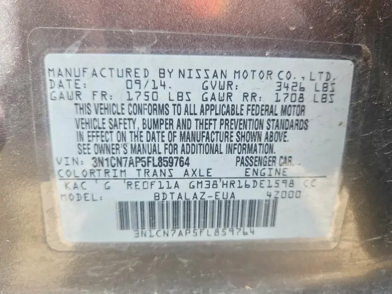 2015 NISSAN VERSA 1.6 S PLUS  