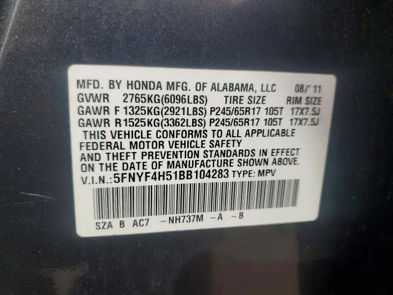 2011 HONDA PILOT EXL  