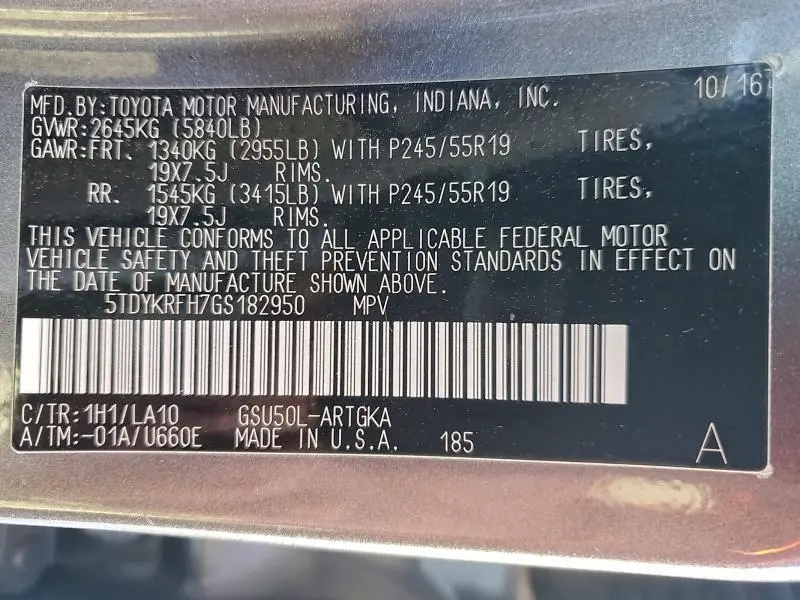 2016 TOYOTA HIGHLANDER LIMITED  