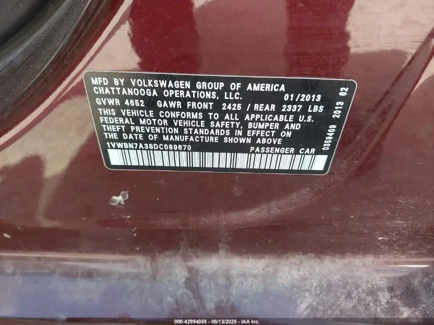 2013 VOLKSWAGEN PASSAT 2.0L TDI SE