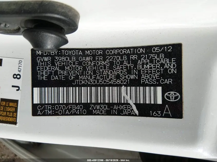 2012 TOYOTA PRIUS TWO