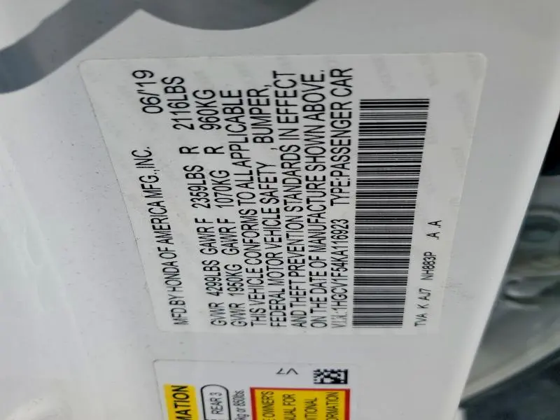 2019 HONDA ACCORD EXL  