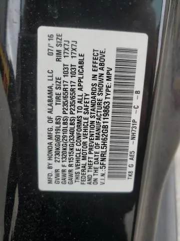 2016 HONDA ODYSSEY EXL  