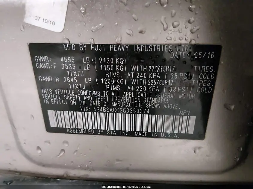 2016 SUBARU OUTBACK 2.5I PREMIUM