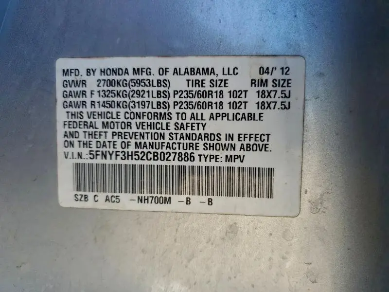 2012 HONDA PILOT EXL  