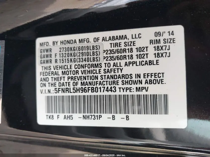 2015 HONDA ODYSSEY TOURING/TOURING ELITE