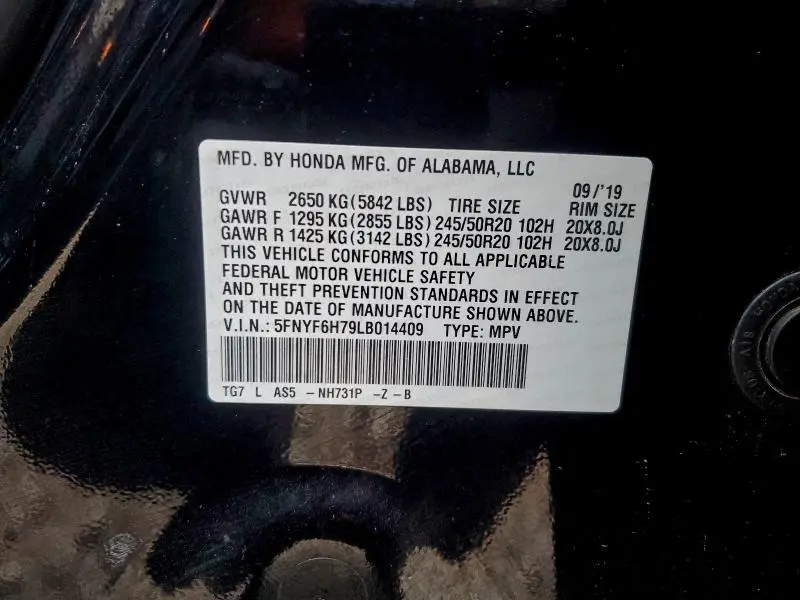 2020 HONDA PILOT BLACK  