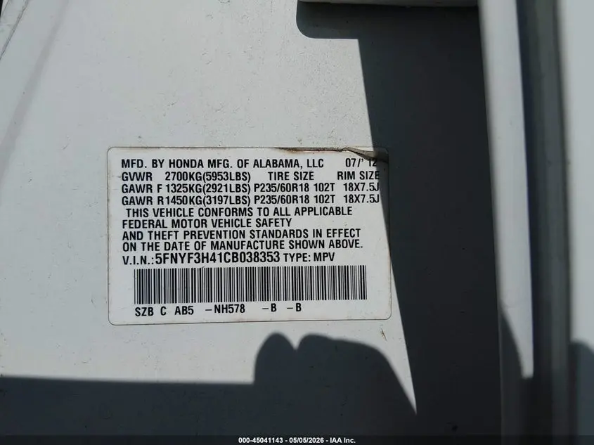 2012 HONDA PILOT EX