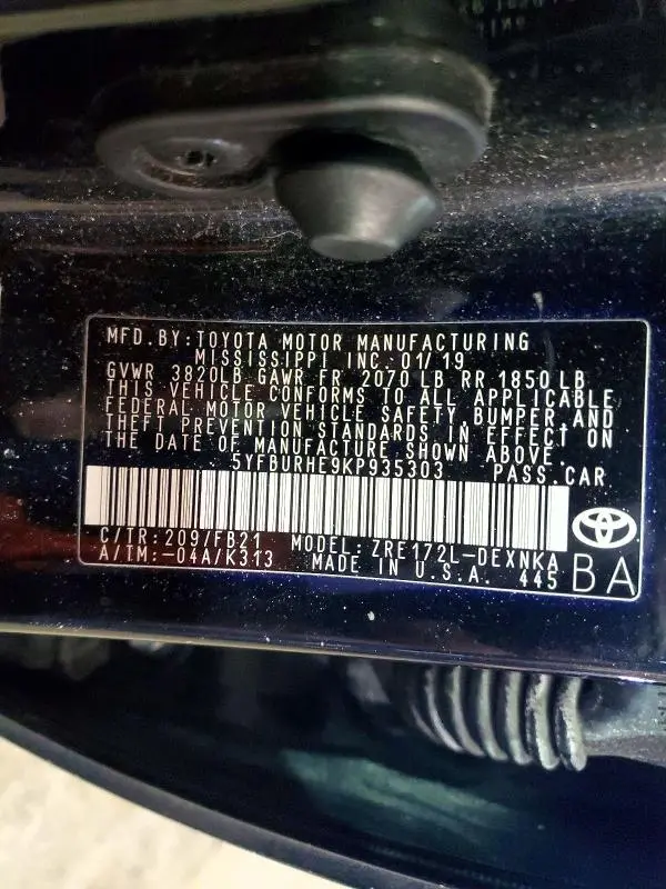 2019 TOYOTA COROLLA L  