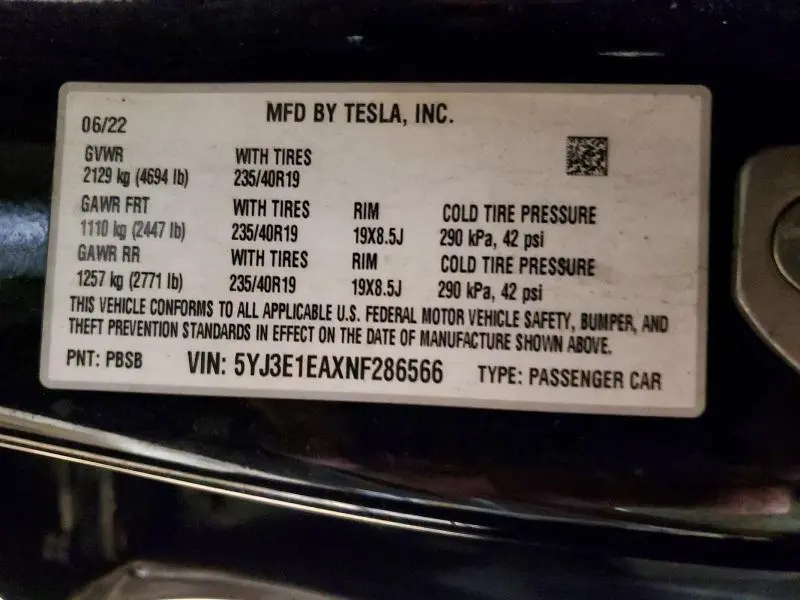 2022 TESLA MODEL 3   