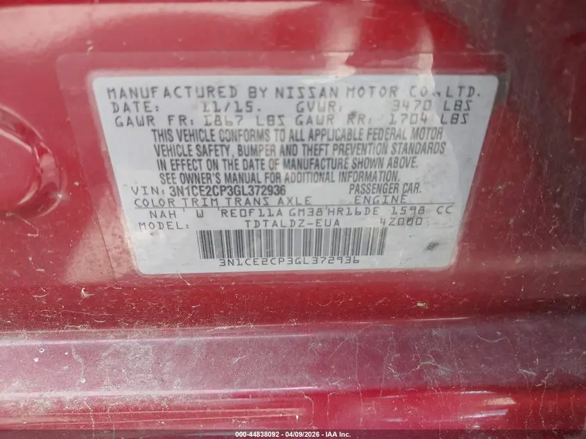 2016 NISSAN VERSA NOTE S (SR)/S PLUS/SL/SR/SV