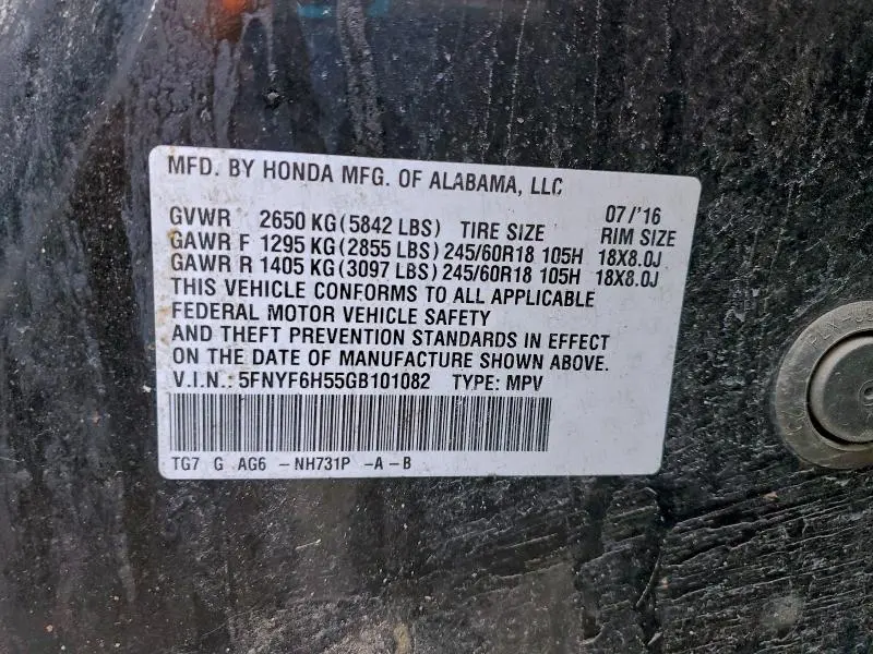 2016 HONDA PILOT EXL  