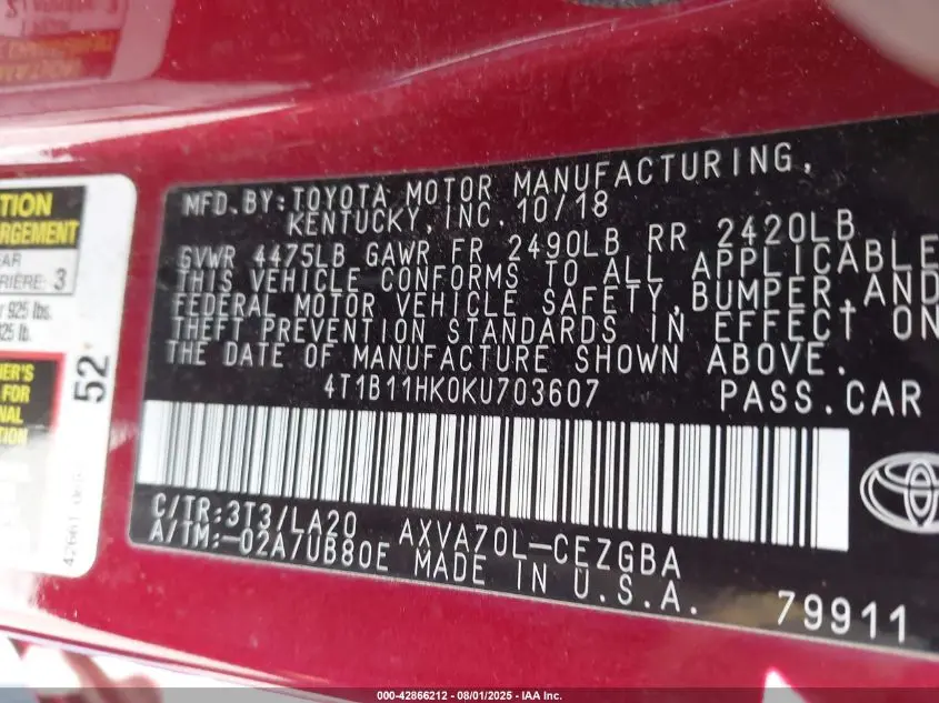 2019 TOYOTA CAMRY XLE